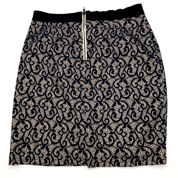 SOLITAIRE Large Navy Blue Lace‎ Overlay Tan Lined knee length skirt Ravi Khosla - Picture 2 of 7